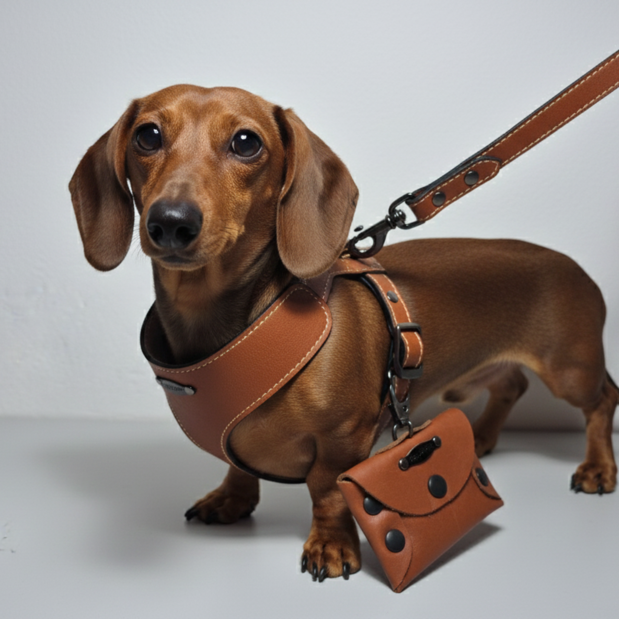 Set Pettorina e Guinzaglio in Pelle con Porta Sacchetti